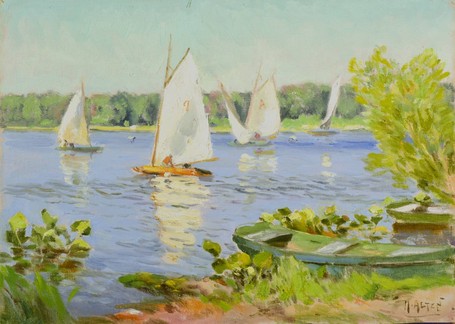 Painted landscape of a lake with multiple sailboats